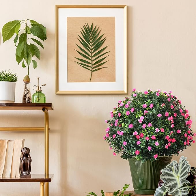 4-Pack Artificial Boxwood Topiary Ball Plant with Pink Flowers, Ground Stake, UV-Resistant Outdoor & Indoor Decorative Flowers (4)