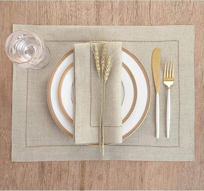 Solino Home Natural Linen Napkins Set of 6-100% Pure Linen Hemstitch Dinner Napkins 20 x 20 Inch for Spring, Easter - Classic Hemstitch