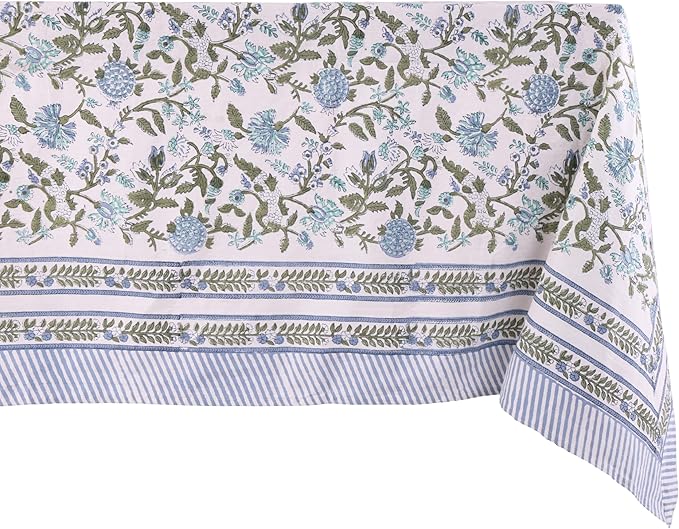 ATOSII Mahoka Blue 100% Cotton Square Fall Tablecloth, Handblock Floral Linen Table Cloth for Kitchen Dining Table I Parties Weddings Outdoors Easter Valentine's Gift I 60 X 60 Inches I 4 Seater