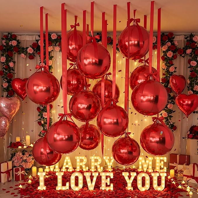 Jenaai 30 Set Valentine's Day Round Foil Balloons Bulk 22 Inch 4d Metallic Giant Balloons Set with Satin Bows Ribbon for Ceiling Holiday New Year Birthday Wedding Party Decoration(Red)