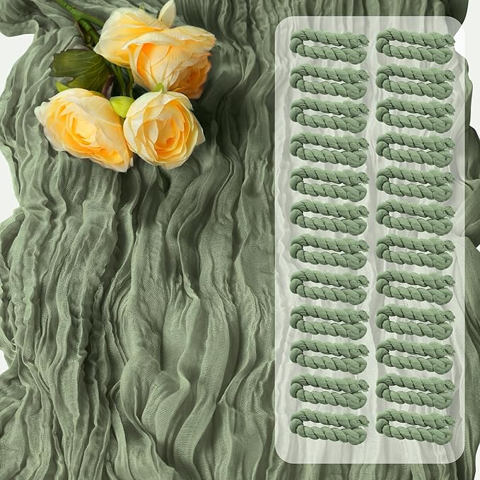 16Pack Green Cheesecloth Table Runners – Boho Gauze Vintage Table Decor, 120 Inch Long Rustic Cloth Runner for Wedding, Bridal Shower, Birthday, Romantic Party 10Ft (Dusty Green, 24" x 120"-16Packs)