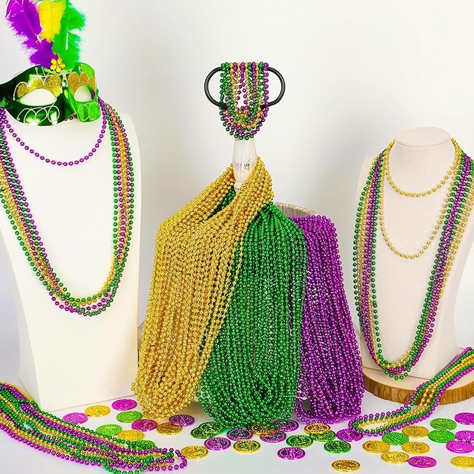 200PCS Mardi Gras Beads, 33" Bead Necklace, Mardi Gras Accessories, Purple Gold Green Party Beads Parade Throws Bulk for Christmas Pirate Wedding Birthday Party Supplies Decor