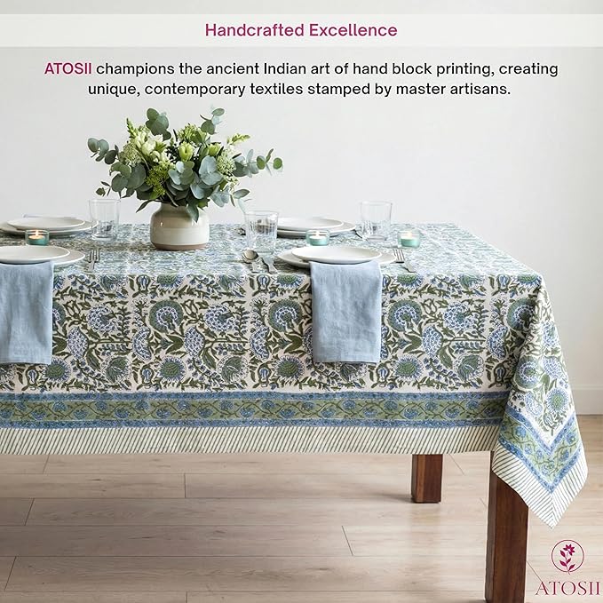 ATOSII Clover Blue 100% Cotton Rectangle Tablecloth, Handblock Floral Print Linen Table Cloth for Kitchen Dining I Parties, Outdoors, Fall Christmas Thanksgiving Holidays I 72 X 108 Inches I 8 Seater