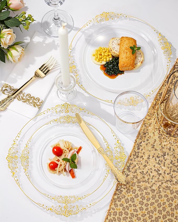 Nervure 175PCS Clear Gold Plastic Plates - Disposable Gold Party Plates & Pre Rolled Napkins with Cutlery for 25 Guests, 50Plates, 75Silverware, 25Cups, 25Napkin for Wedding & Party
