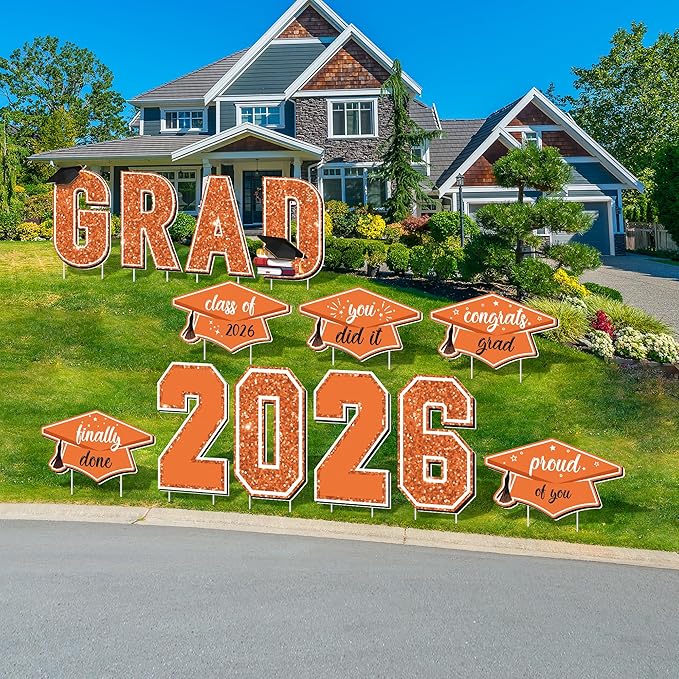 Aneco Waterproof 2026 Grad Yard Signs Plastic Graduation Yard Signs Party Outdoor Lawn Decorations 16 Inches Glitter Congrats Grad Lawn Sign with Stakes for Outdoor Party Garden Decor (Orange)