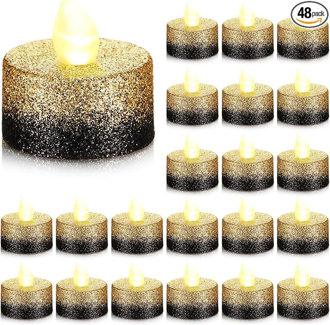 Retisee 48 Pcs Flameless LED Tea Lights Gold Black Glitter Electric Fake Candles for Centerpieces Battery Operated Anniversary Decorations Romantic Winter Decor for Wedding Festival Christmas Birthday