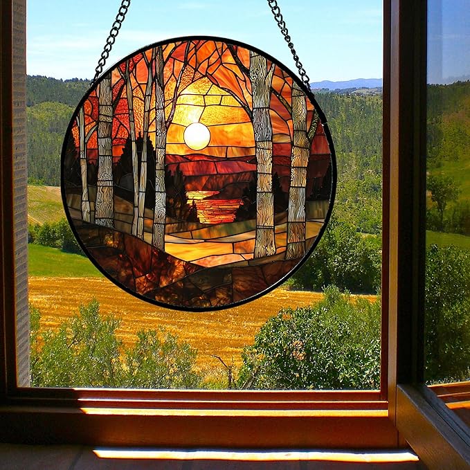 Stained Glass Window Hanging, Orange Red Landscape Forest Lake Moon Suncatcher for Doors Window Home Sun Catchers Decor Mother's Day Birthday Gifts for Women Men Mom 11.8 in