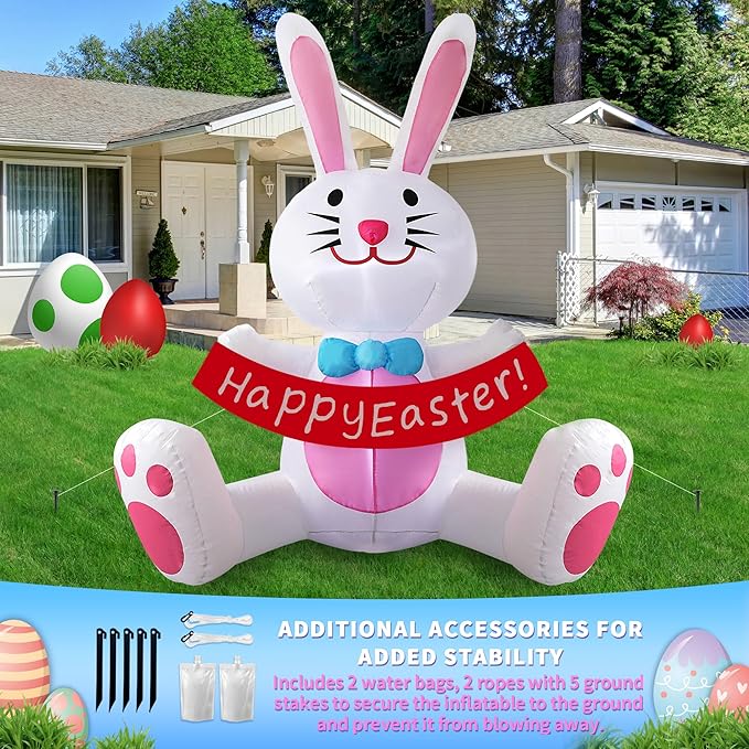 5FT Easter Inflatables Outdoor Decorations Easter Bunny Holds Banner with LED Lights Blow Ups Decor for Yard Outside Indoor Party Home Garden Lawn Holiday