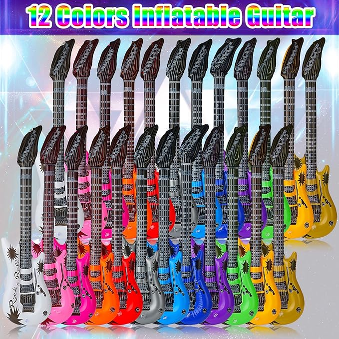 60 Pcs Inflatable Guitars for Parties Bulk Blow Rock Star Guitar Set Rock and Roll Party Decorations Photo Booth Props for Birthday 80s 90s Themed Party Carnival, 12 Colors