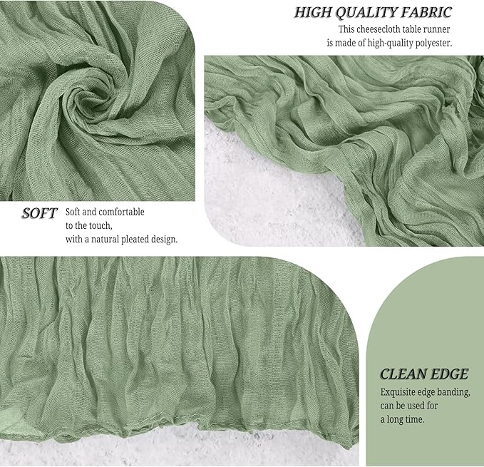 24 Pack Sage Green Cheesecloth Table Runner 120 inch Fall Thanksgiving Boho Rustic Gauze Farmhouse 10FT Cheese Cloth Runner for Baby Shower Wedding Party Holiday Home Decor