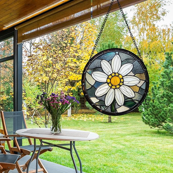 Stained Glass Window Hanging - Yellow White Daisy Birth Flower Suncatcher for Door Garden Yard Sun Catchers Decor Christmas Mother's Day Birthday Gifts for Teacher Women Mom Nana 9.8 in
