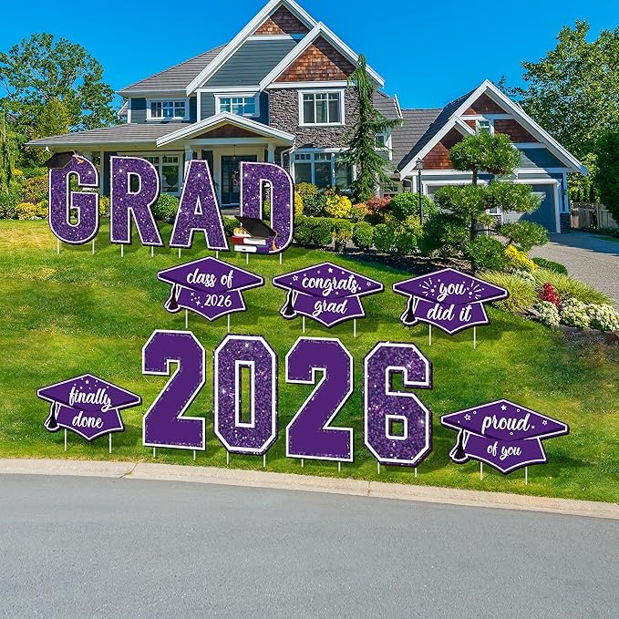 Aneco Waterproof 2026 Grad Yard Signs Plastic Graduation Yard Signs Party Outdoor Lawn Decorations 16 Inches Glitter Congrats Grad Lawn Sign with Stakes for Outdoor Party Garden Decor (Purple)