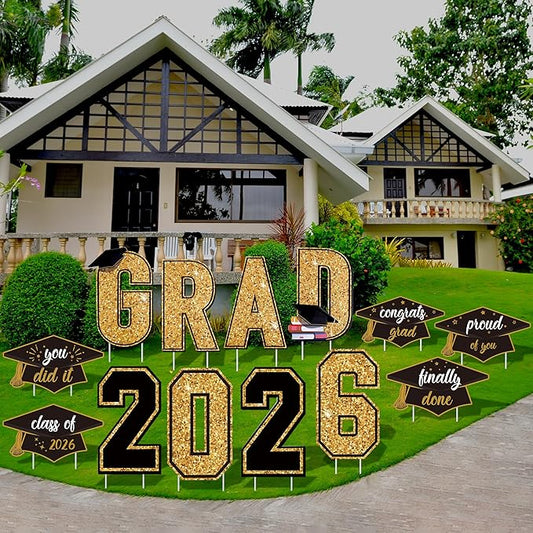 Aneco Waterproof 2026 Grad Yard Signs Plastic Graduation Yard Signs Party Outdoor Lawn Decorations 16 Inches Glitter Congrats Grad with Stakes for Outdoor, Lawn Party Decor (Black and Gold)
