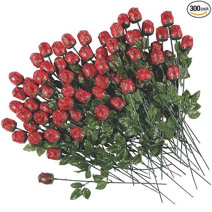 300 Pieces Bulk Red Foil, individually Wrapped Milk Chocolate Roses - 14 Inch Long Stem, Red foil wrapped Candy flowers gifts for Mother's day, Valentine's day, Graduation