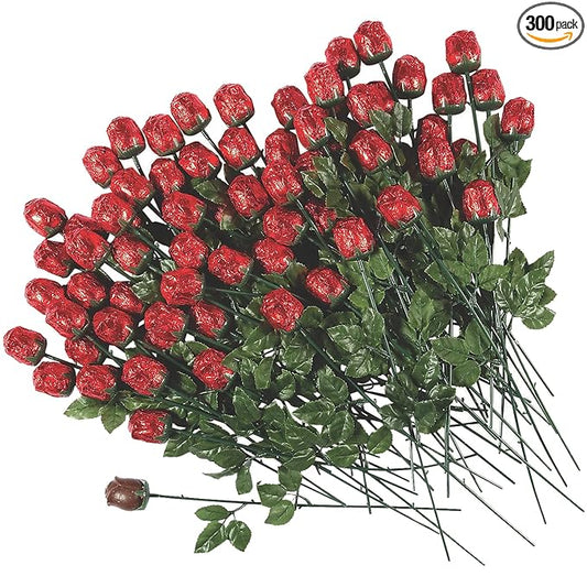 300 Pieces Bulk Red Foil, individually Wrapped Milk Chocolate Roses - 14 Inch Long Stem, Red foil wrapped Candy flowers gifts for Mother's day, Valentine's day, Graduation