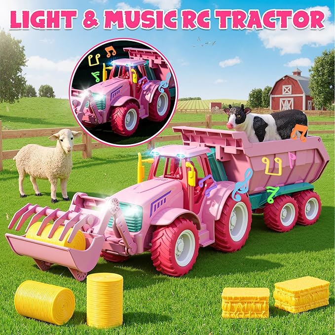 Funwee RC Farm Tractor Toy w/Light & Music, Kid Truck Toy w/Front Loader & Farm Animal, 2.4GHz RC Tractor Trailer Car Vehicle Toy for Boy Girl Age 3 4 5 6 7+ Year Old Christmas Birthday Gift (Pink)