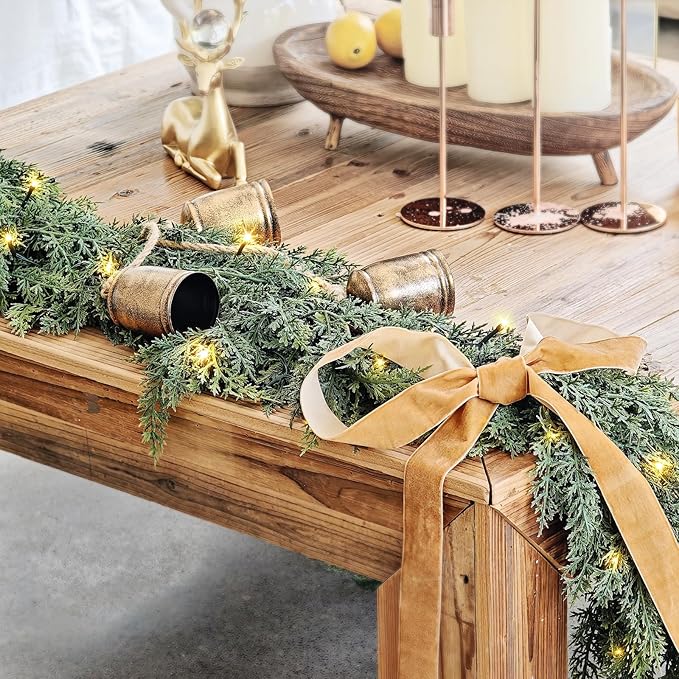 Cedar Christmas Garland with Lights for Mantle - Decorations 15ft Realistic Lighted Faux Pine Garlands for Xmas Home Decoration Indoor Stairs Railing Fireplace Outdoor 15 ft Prelit Garland Door Decor