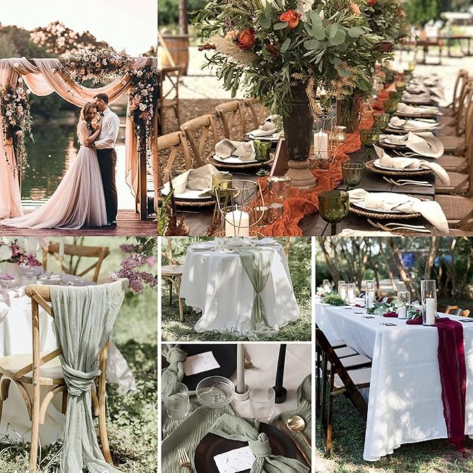 12 Pack Rose Gold Cheesecloth Table Runner 10ft Boho Gauze Cheese Cloth Table Runner Rustic Sheer Runner 120 inch Long for Christmas Wedding Bridal Baby Shower Birthday Table Decorations