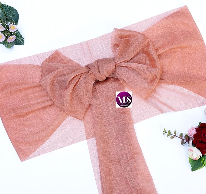 VDS Pack of 75, Coral Peach, Sheer Chiffon Chair Sashes Bows Chair Cover Back Tie Ribbon for Wedding Birthday Baby Shower Engagement Ceremony Event Party Banquet Restaurant Dining Chair Decoration
