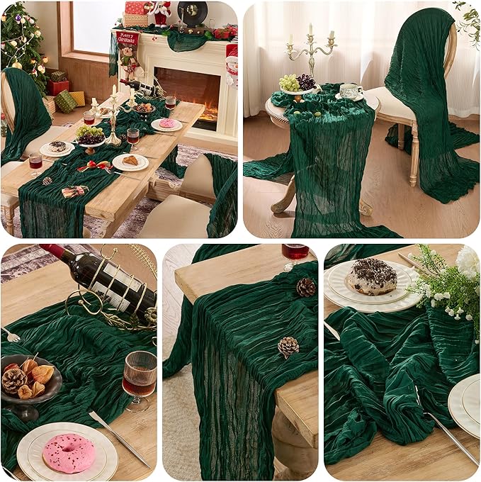 6 Pack Christmas Table Runner 120 Inch Boho Rustic Gauze 10 FT Emerald Green Cheese Cloths Table Runners Decorations for Spring Summer Birthday Party Baby Shower Wedding Holiday Home Decor