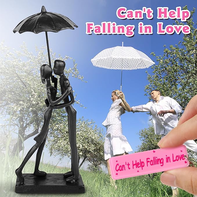 Anniversary for Couple/Her, Affectionate Couple Statue Kissing Under Umbrella, Handcrafted Cast Iron Sculpture in Love, for Wedding Gifts 6th Anniversary Valentines Gifts for Her Him