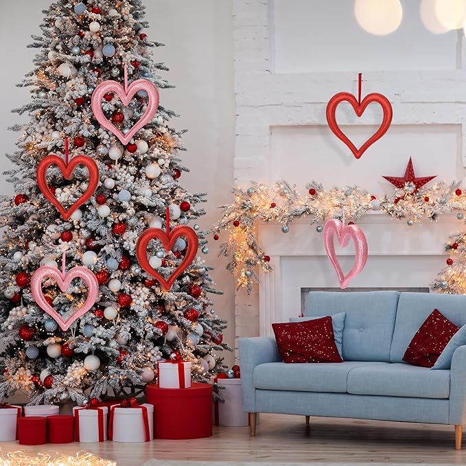 Aneco 8 Pieces Valentine's Day Heart Hanging Ornaments for Tree 9.45 Inch 3D Heart Shaped Decorations Glitter Foam Hearts Wreath for Wedding Valentine Front Door Wall Home Decor