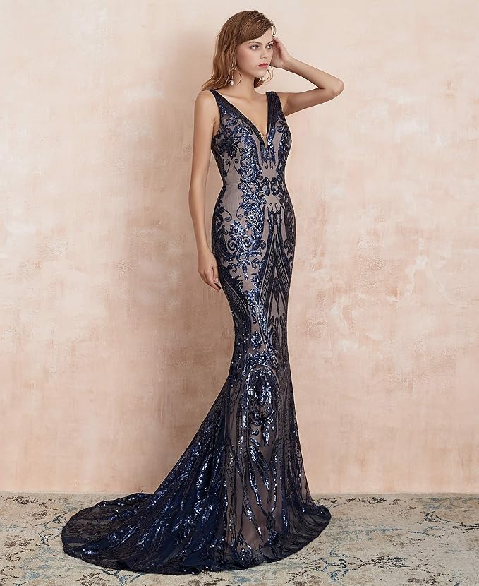 Women's Double V-Neck Sequins Lace-up Mermaid Evening Dress