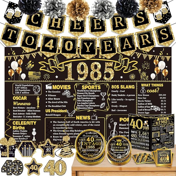 40th Birthday Decorations for Men Women, 106 PCS Back in 1985 Decorations, Vintage 40th Birthday Party Tableware Set for men,Backdrops,Card, Banner, Paper Poms,Hanging Swirl, Tableware for 24 Guests