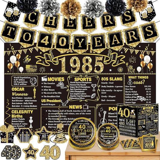 40th Birthday Decorations for Men Women, 106 PCS Back in 1985 Decorations, Vintage 40th Birthday Party Tableware Set for men,Backdrops,Card, Banner, Paper Poms,Hanging Swirl, Tableware for 24 Guests