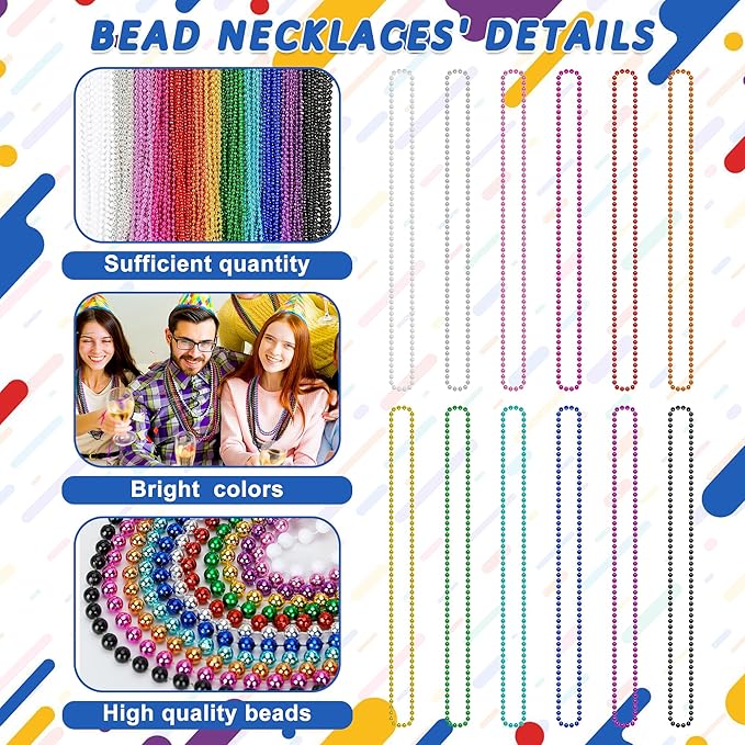 200PCS Mardi Gras Beads, 33" Bead Necklace, Colorful Mardi Gras Accessories, Women Men Party Beads Parade Throws Bulk for Christmas Pirate Baby Shower Carnival Birthday Party Supplies Decor