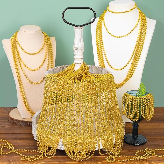 200PCS Mardi Gras Beads, 33" Gold Bead Necklaces Stuff, Mardi Gras Christmas Beads Costume Necklace, Festival Parade Throw Accessories for Wedding Birthday Pirate Party School Activities Supplies