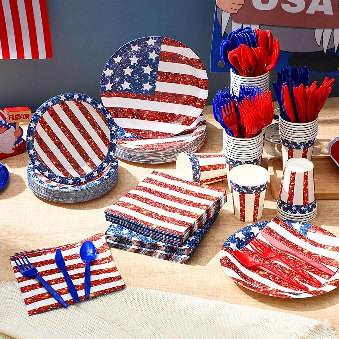 400 Pcs American Flag Patriotic Party Supplies Labor Day Disposable Paper Plates Napkins and Cups Veterans Election Tableware for Independence 4th of July Memorial Day(Novelty)
