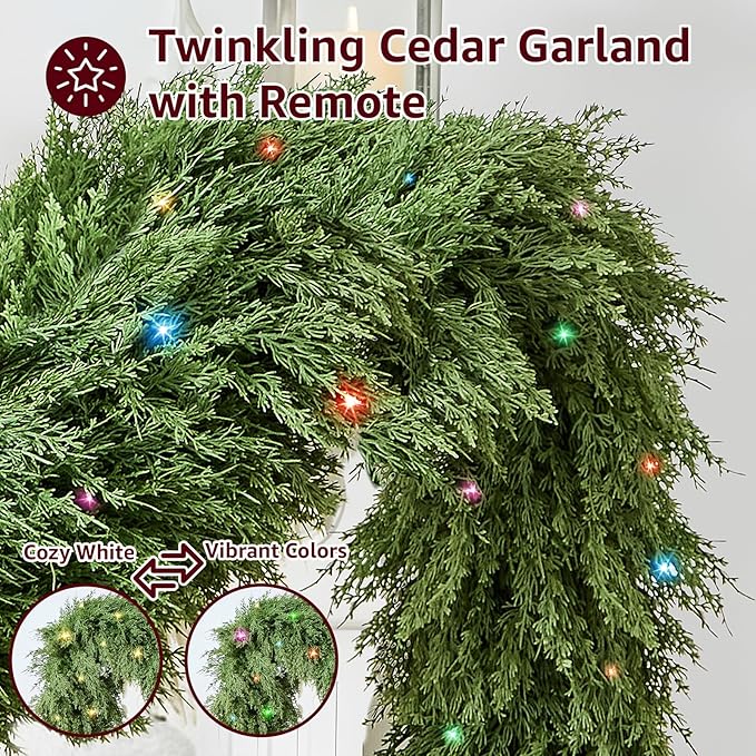 Cedar Christmas Garland for Mantle - 2 Pack Decorations with Lights 9 ft Realistic Lighted Faux Pine Garlands for Xmas Indoor Outdoor Prelit Decoration 9ft Garland for Door Stairs Railing Fireplace