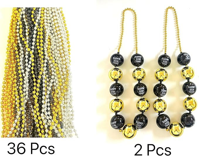 50 Pcs with 4 Styles Happy New Year Bead Necklaces Black Gold Silver New Year's Eve Jumbo Beads Necklaces New Year Party Decoration