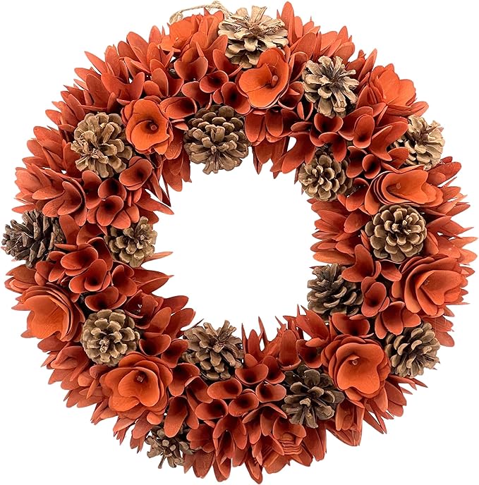 Galt International 18" Natural Woodchip Pinecone Fall Wreath for Front Door - Beautiful Indoor & Outdoor Wreath for Harvest, Thanksgiving, Autumn - Rustic Home Decor (Orange)