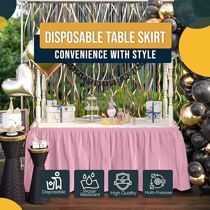Exquisite Ruffle Table Skirt Pink Pack Of 12, 14 Ft Long Table Skirts for Rectangle Tables 6ft Plus or Round Tables Skirts with Adhesive Strip for Gender Reveal Decor & Happy Birthday Parties
