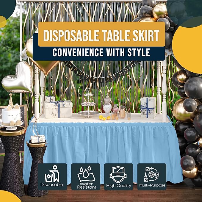 Exquisite Ruffle Table Skirt Light Blue 12 Pack 14 Ft Long Table Skirts for Rectangle Tables 6ft Plus or Round Tables Skirts with Adhesive Strip for Gender Reveal Decor & Happy Birthday Parties