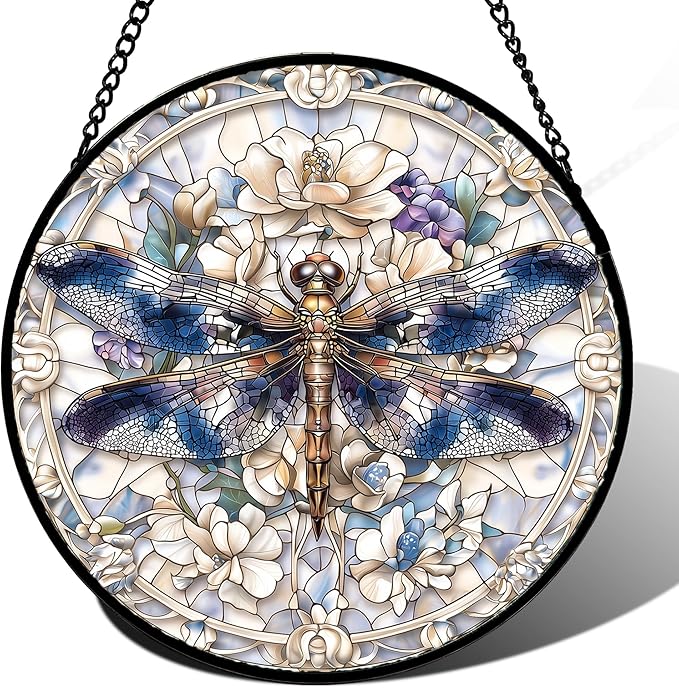 Stained Glass Window Hanging, Dragonfly Flower Suncatcher for Doors Home Sun Catchers Decoration and Christmas, Mother's Day Birthday Gifts for Women, Men, and Mom 14.9x14.9 in