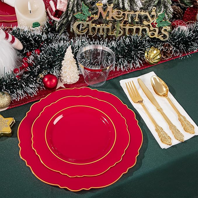 Liacere 175PCS Red Plastic Plates - Red Disposable Plates With Gold Rim -25Guest Baroque Plastic Dinnerware include 50Plates-25Pack Pre Rolled Napkins with Silverware 25Cups for Valentine's Day