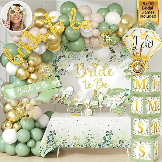 215 PC Bridal Shower Decorations Olive Sage Green - Bridal Shower Balloon Boxes with A-Z Letters & Bridal Balloon Arch Kit & Bride to Be Balloon for Bridal, Bachelorette, Engagement or Wedding