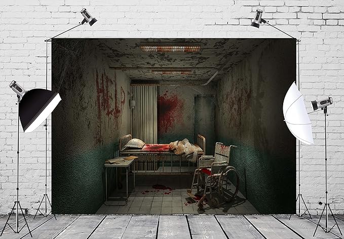 CORFOTO Fabric Creepy Hospital Bloody Ward Room Backdrop Horror Hospital Interior Background for Halloween Zombie Party Decorations Kids Adults Birthday Party Banner Movie Film Photobooth Props