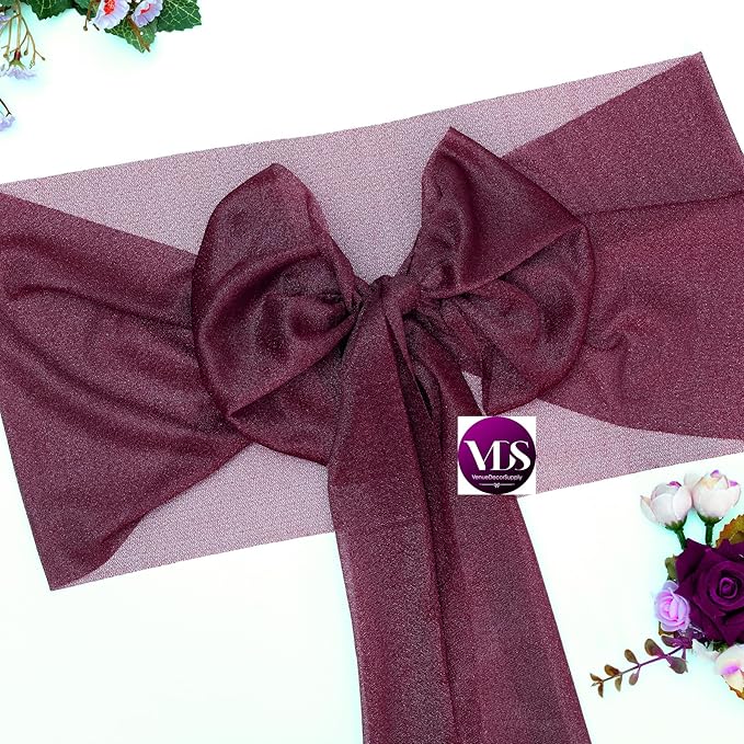 VDS Pack of 125, Burgundy, Sheer Chiffon Chair Sashes Bows Chair Cover Back Tie Ribbon for Wedding Birthday Baby Shower Engagement Ceremony Event Party Banquet Restaurant Dining Chair Decoration