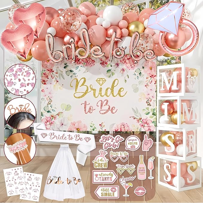 189 pc Bridal Shower Party Decorations – Balloons, Bride to Be Sash, Veil, Headband, Backdrop, Props – Pink Bachelorette Party Decorations for Engagement, Wedding, Rose Gold Bridal Shower Decorations