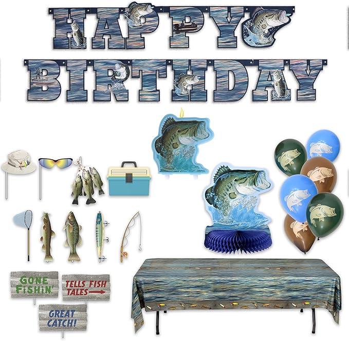 Havercamp Fishing Birthday Party Premium Decorations! Includes: Birthday Banner, Bass Centerpiece, 6 Bass Balloons, 12 Photo Props, 1 Cake Topper & 1 Heavy Duty Tablecover.