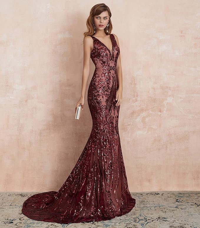 Women's Double V-Neck Sequins Lace-up Mermaid Evening Dress