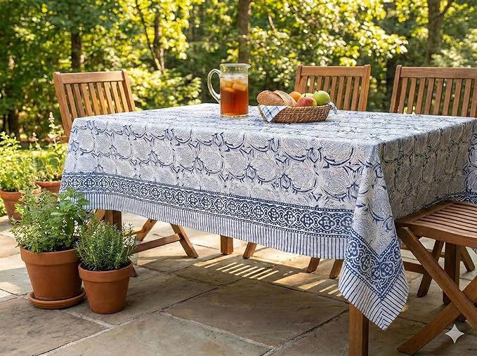 ATOSII ‘Santorini’ 100% Cotton Fall Tablecloth, Handblock Print Blue Square Table Cloth for Kitchen I Dining Table Linen I Parties Wedding Christmas Thanksgiving I Fall Decor 60 X 60 Inches
