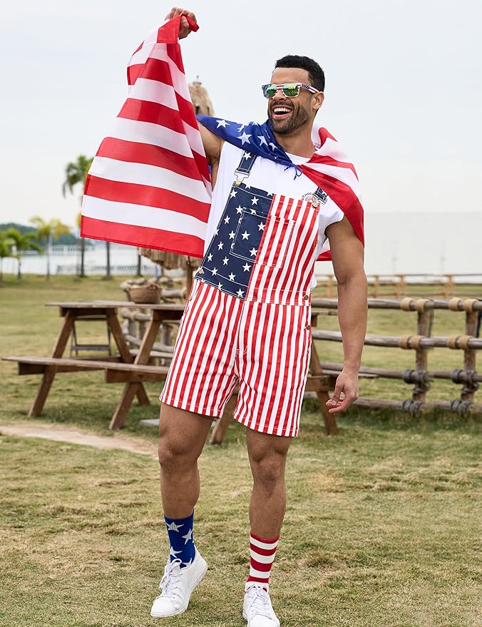 Bindefon American Flag Overalls Men,4th of July Cape,USA Sunglasses,Patriotic Socks,4 Pcs for Independence Labor Day
