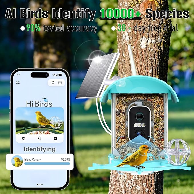 Bird Feeder with Camera 3W Solar Powered Panel Valentines Day Gifts: Smart Bird Feeder for Outdoors with AI Birds Identify Auto Capture, 2K Live Video, Ideal Gift for Parents Men Women(Blue)