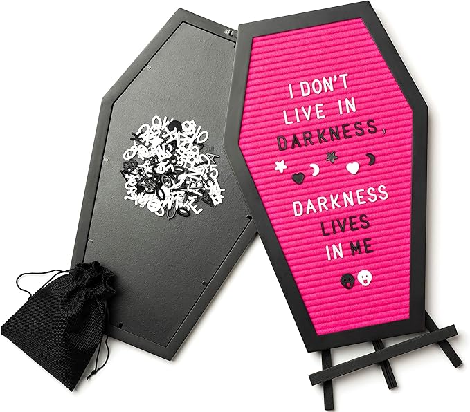 Coffin Letter Board Pink With Spooky Emojis +500 Characters, and Wooden Stand - 17x10.5 Inches - Gothic Halloween Decor Spooky Gifts Decorations