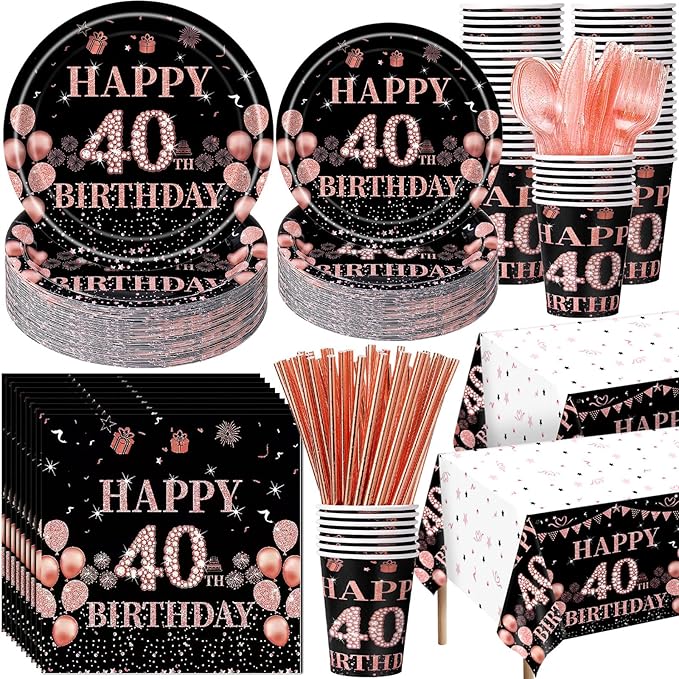 452 Pcs 40th Birthday Decorations for Women Black and Rose Gold 40th Birthday Paper Plates Cups Napkins Tablecloth Cutlery Straws for Girls Women 40 Year Old Party Supplies for 50 Guests